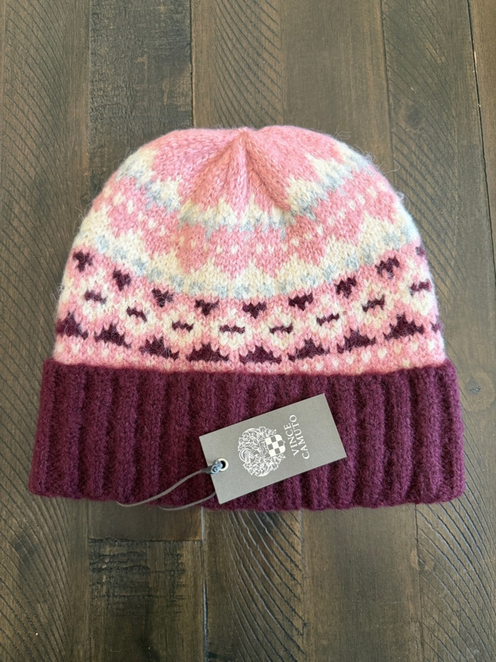 Vince Camuto Pink, Burgundy & Cream Fair Isle Folded Cuff Beanie